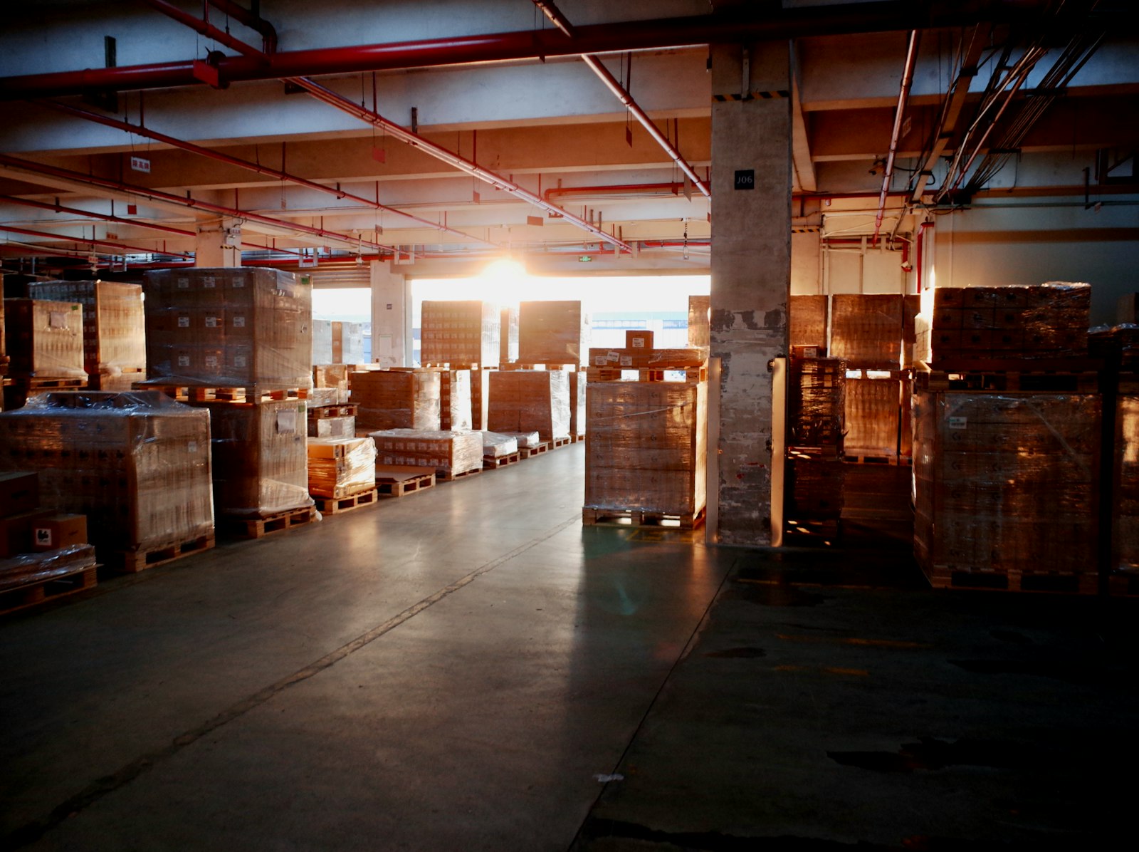 Pallets of packaged goods staged inside a distribution warehouse at a loading dock